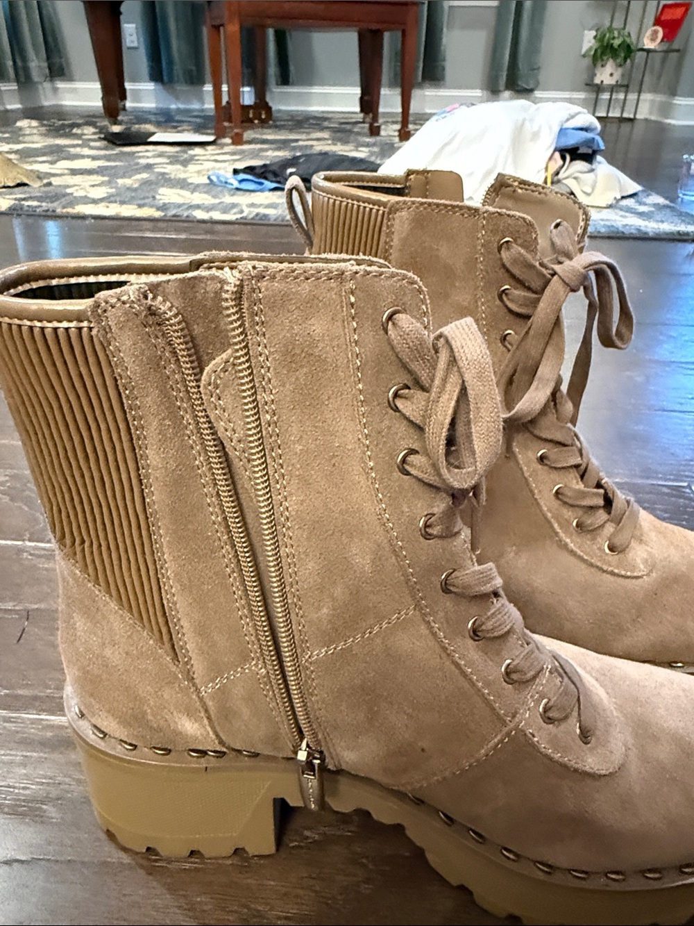 Vince Camuto Taupe Suede Lace-Up Platform Combat Boots - Picture 10 of 10
